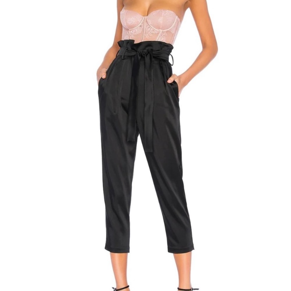 REVOLVE Black High-Waist Paperbag Satin Pants